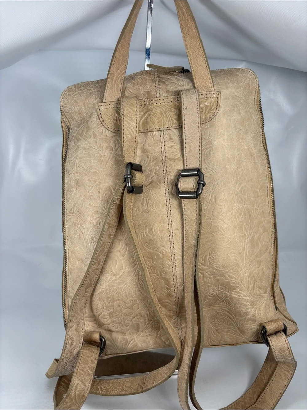 Wild West Beige Floral Embossed Leather Backpack